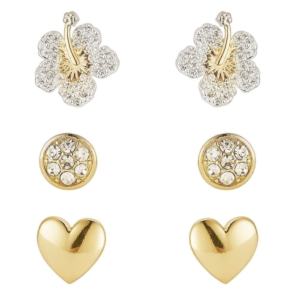 🌺 DISNEY Gold Silver Lilo & Stitch Hibiscus Flower Heart Crystal Earrings Set